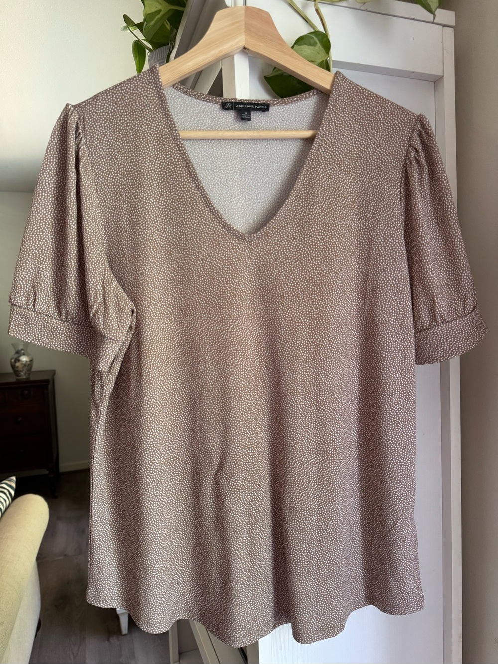 A New Day V-Neck Short Sleeve Blouse in Dotted Taupe